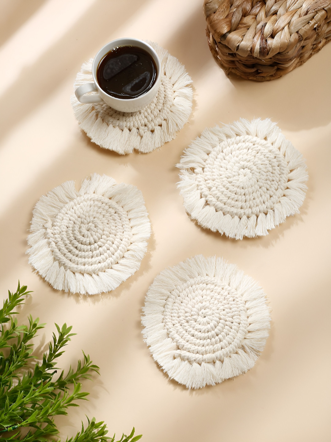 My Creative Hut 4 Pieces Off-White Textured Macrame Round Coasters