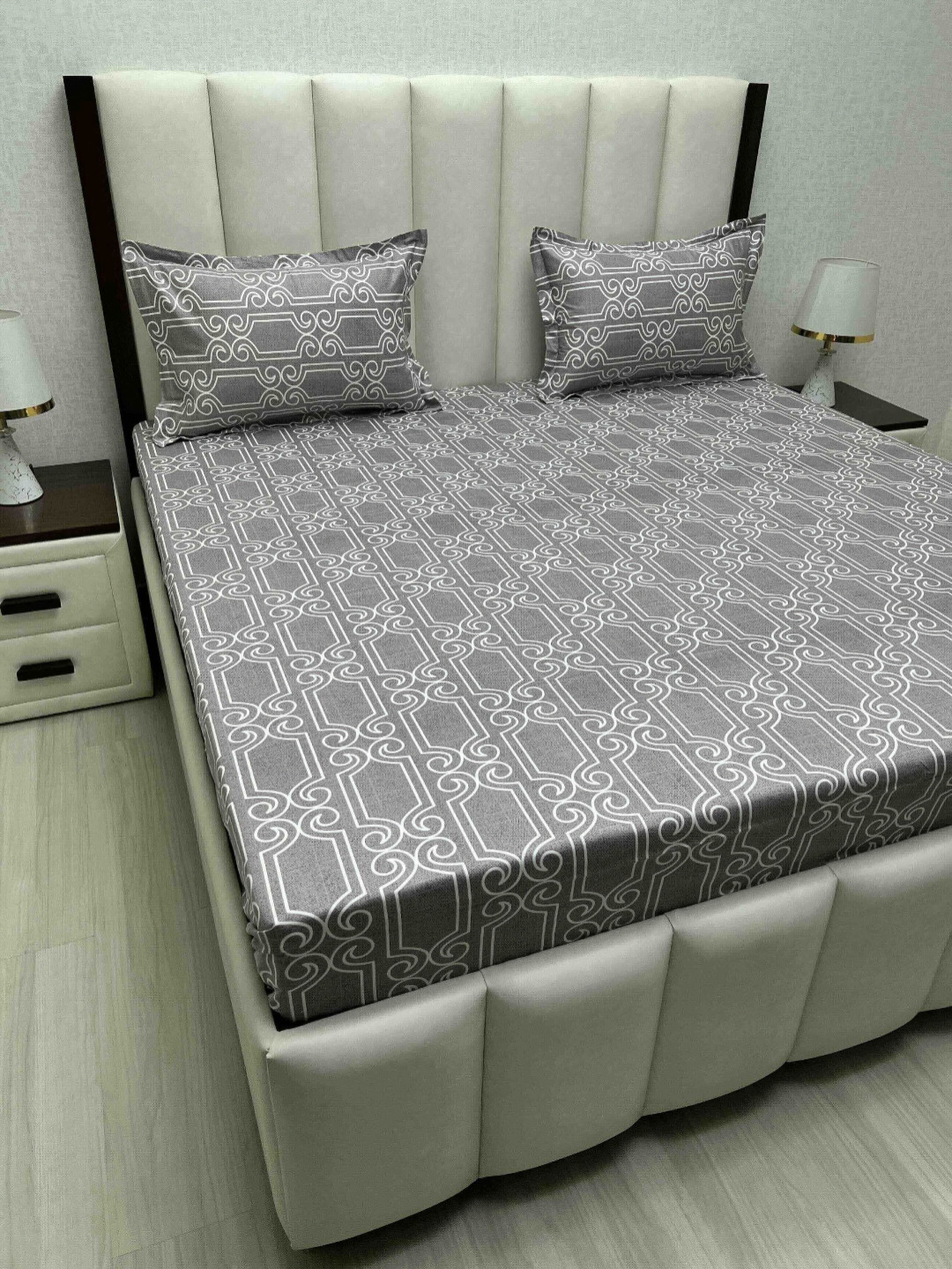 Pure Decor Royal Passion Grey Geometric Pure Cotton 400 TC Queen Superfine Bedsheet with 2 Pillow Covers-90 x 100 inches