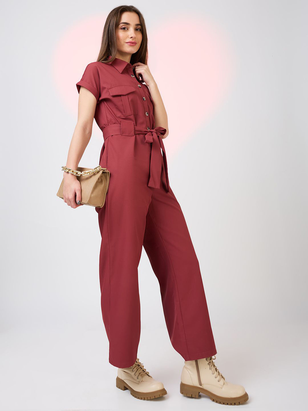Globus Shirt Collar Extended Sleeves Front Pockets Utility Belted Jumpsuit