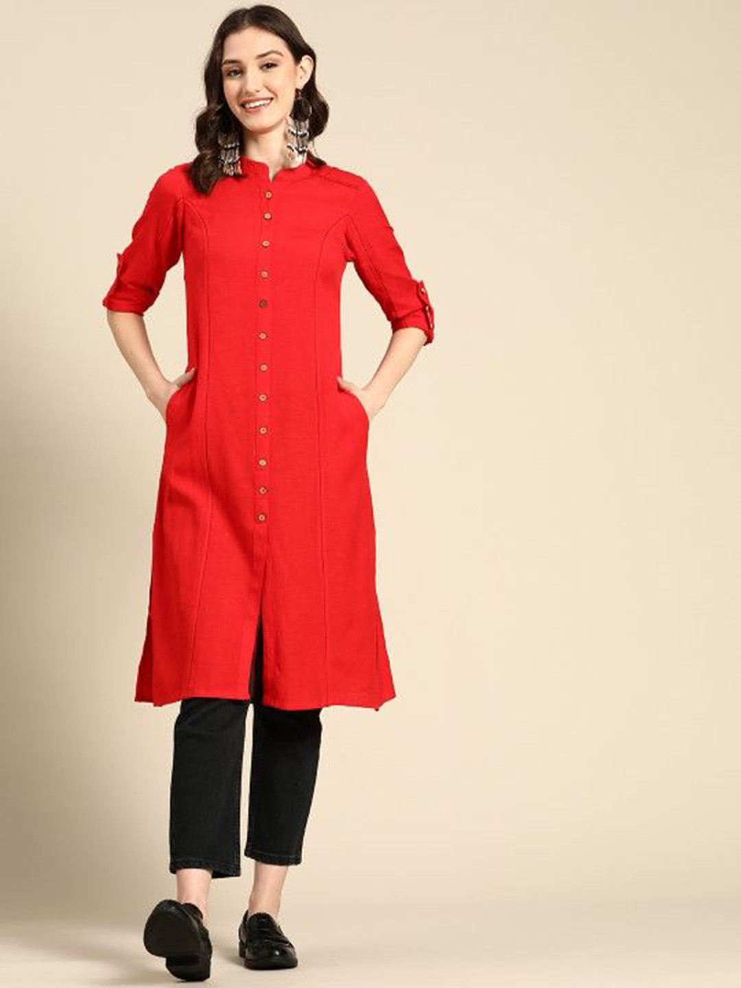 Suha Mandarin Collar Roll-Up Sleeves Panelled A-line Kurta