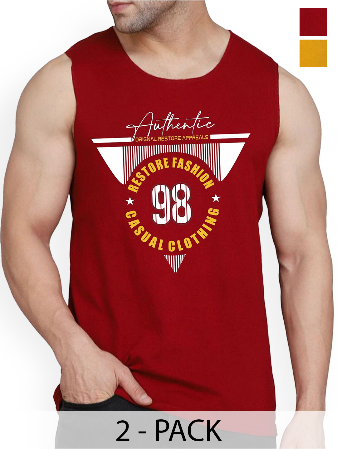 WOOSTRO 2-Pcs Printed Cotton Innerwear Vests RS26 CMB (RUN MUSTARD) (98 MAROON)