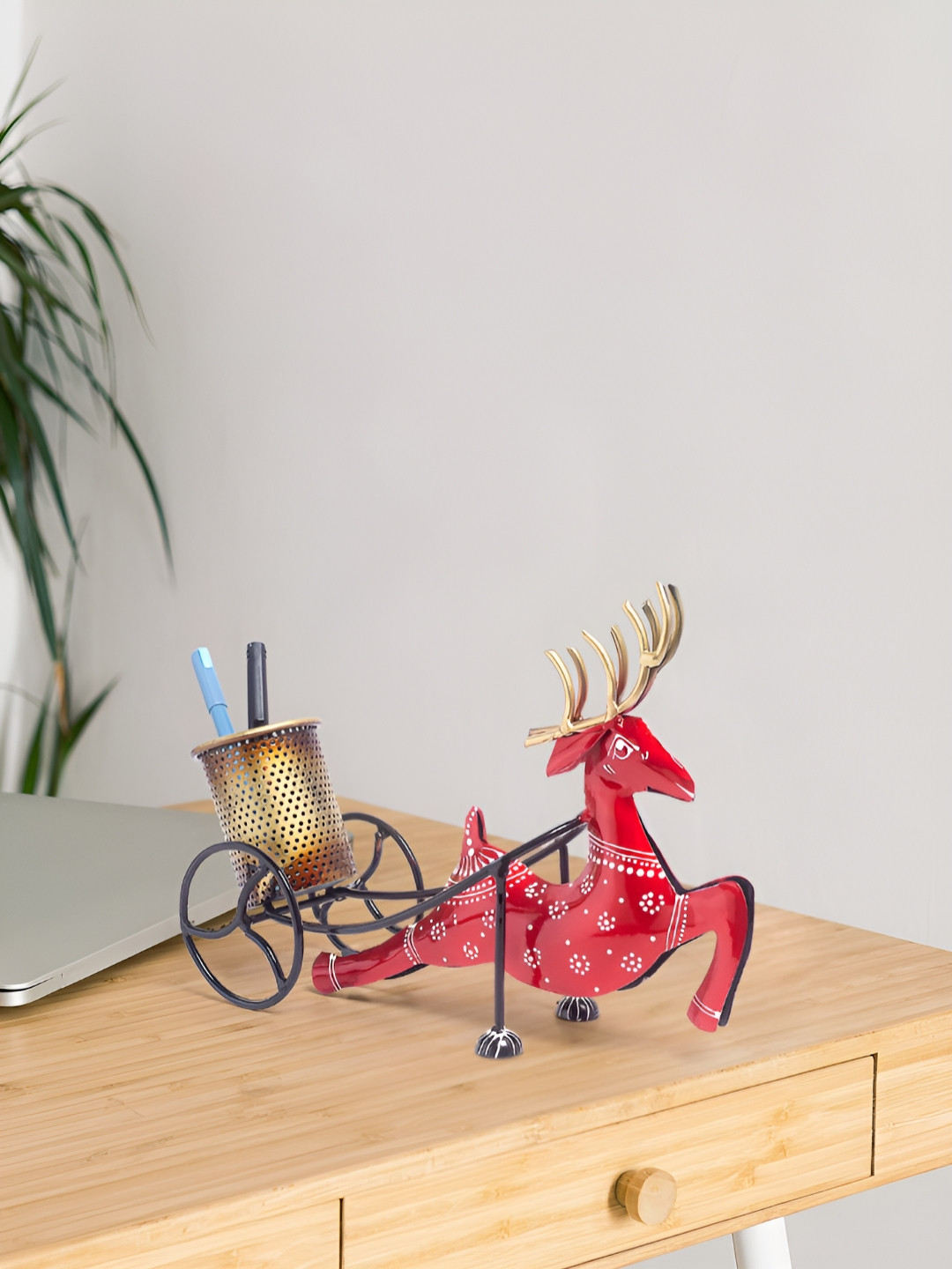 Golden Peacock Reindeer Pen Stand Red Metal Glossy Living Room Small Showpiece - 7.5 Inches