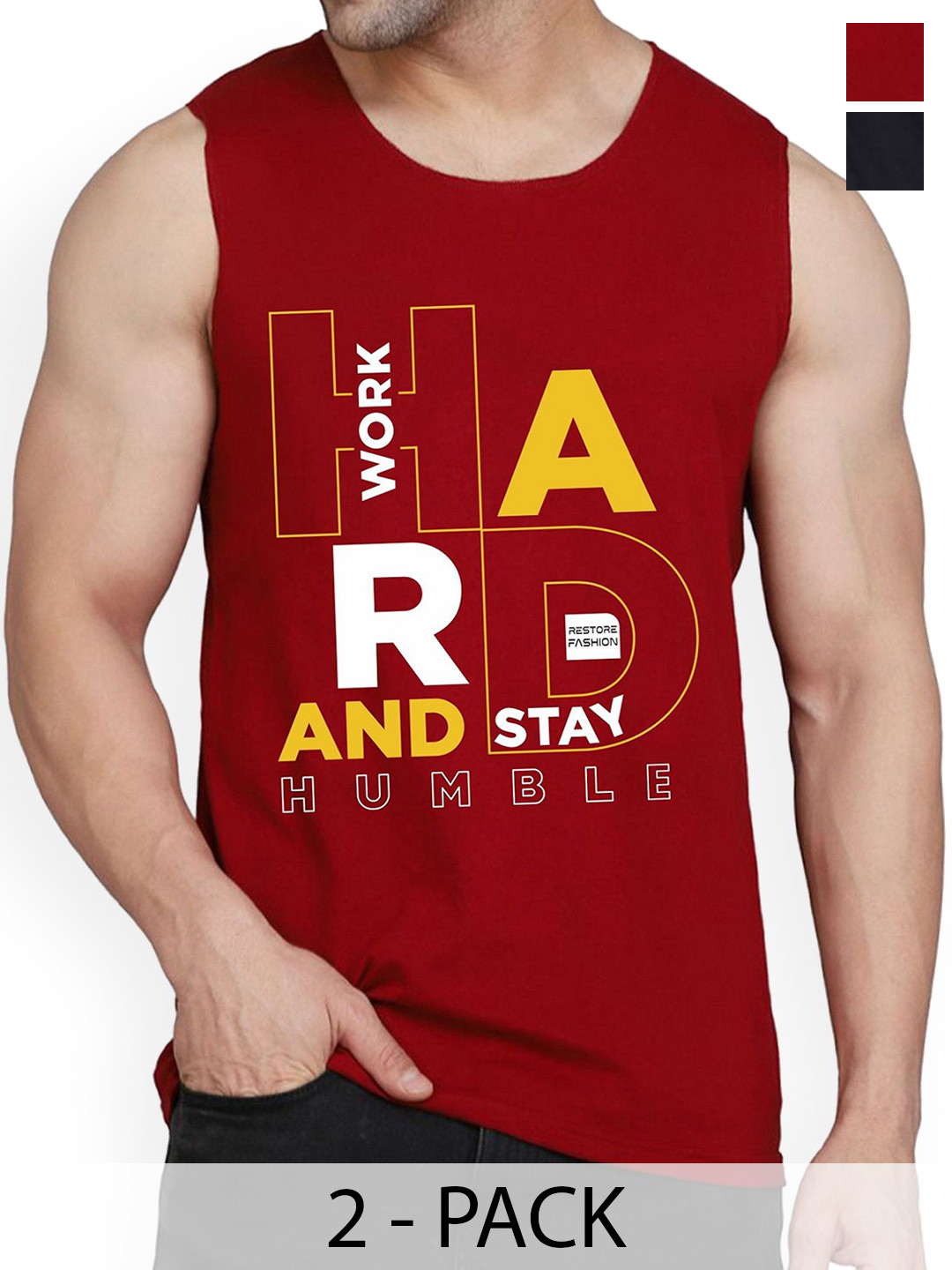 Woostro Pack Of 2 Printed Cotton Gym Vests RS26 CMB (HARD MAROON) (MORE BLACK)
