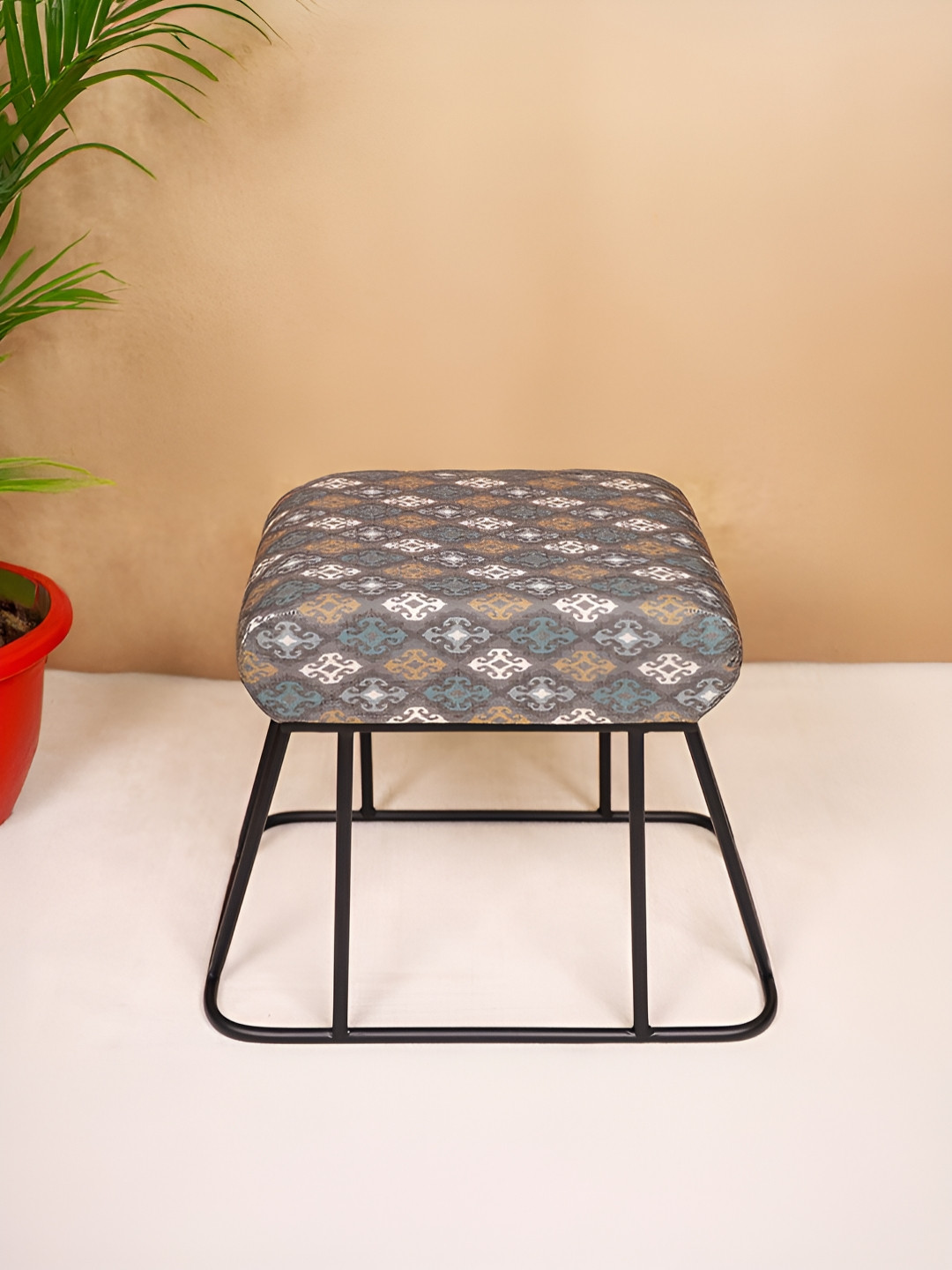Decoghar Grey & Blue Diamond Printed Square Shaped Upholstered Metallic Stool