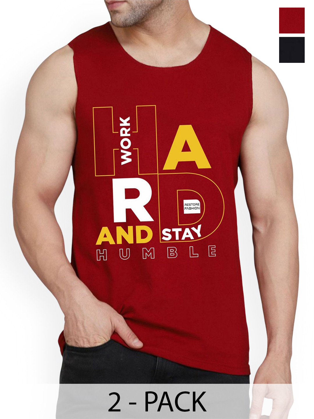 WOOSTRO Pack Of 2 Printed Combed Cotton Gym Vest RS26 CMB (HARD MAROON) (RUN BLACK)