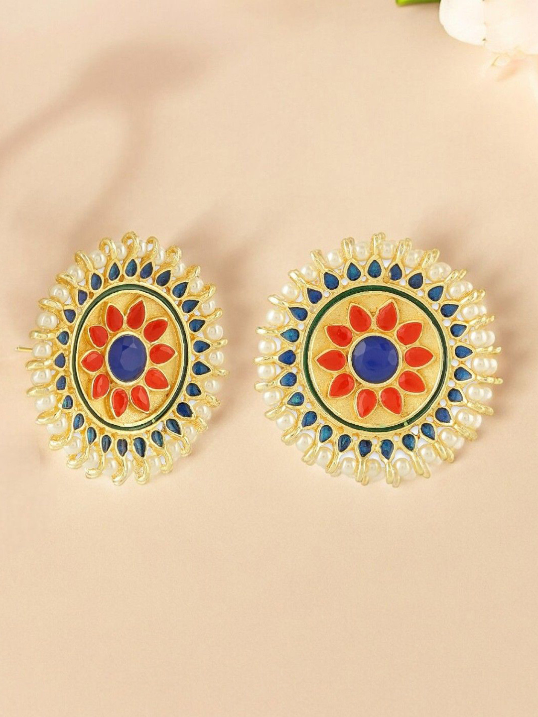 Anouk Cream And Red And Blue Gold-Plated Rhinestone Enamel Pearls Floral Studs