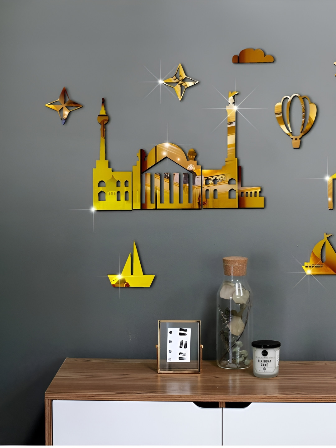 VAH Kya Bat Hai !! Gold Toned 14 Pieces Acrylic Mirror Wall Stickers