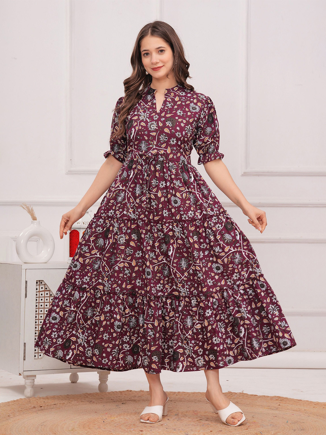SHOPAXIS Floral Printed Pure Cotton Puff Sleeve Fit & Flare Midi Dress