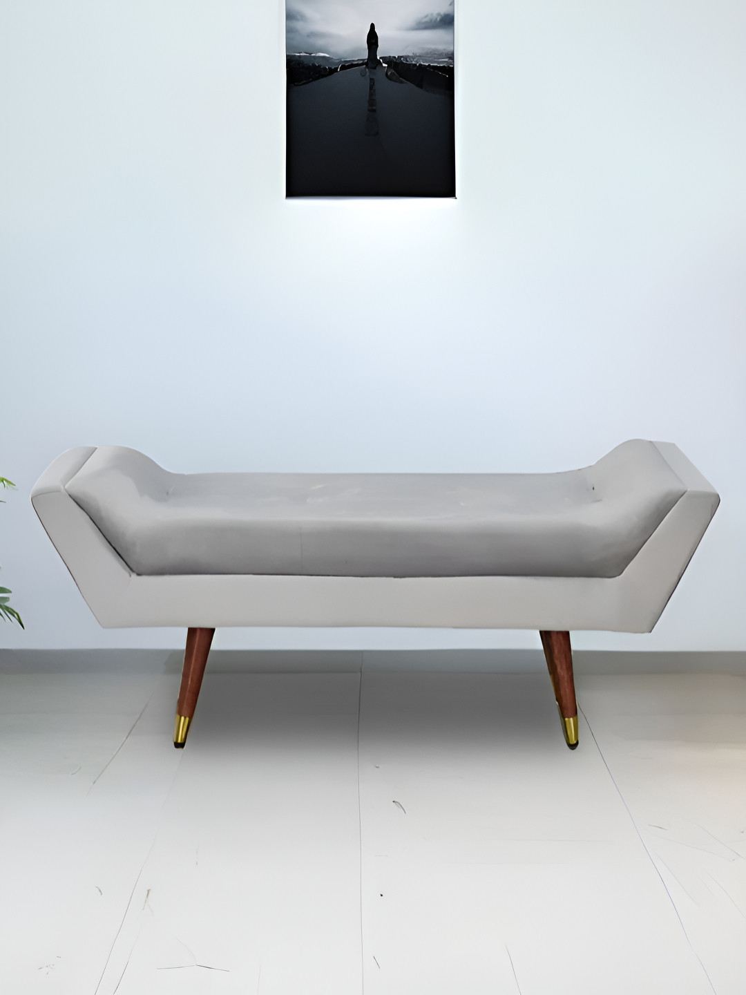 Royaloak Grey Velvet & Wooden Rectangular Ottoman Bench