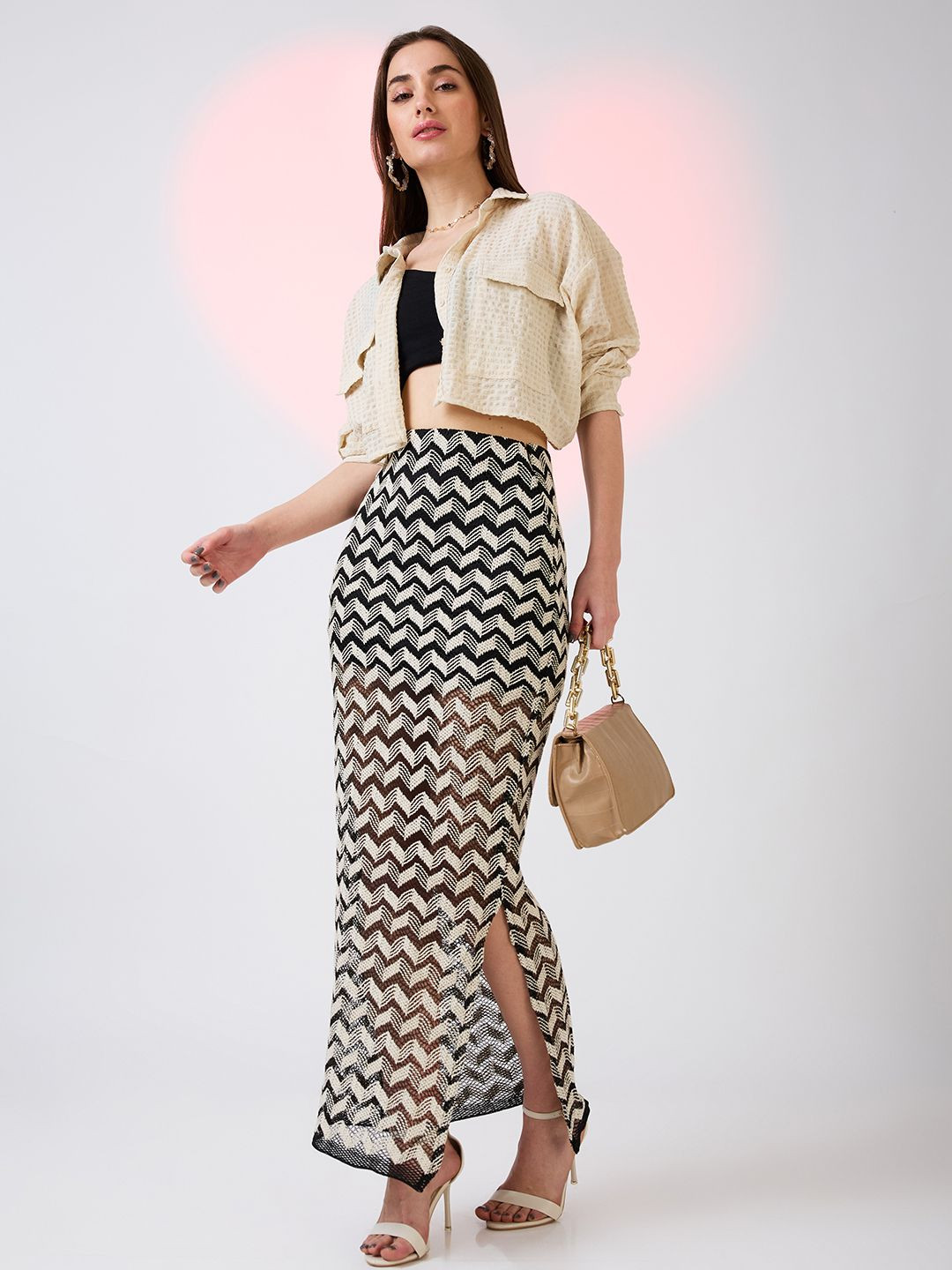 Globus Chevron Pattern Crochet Mid Rise Side Slit Pencil Maxi Skirt