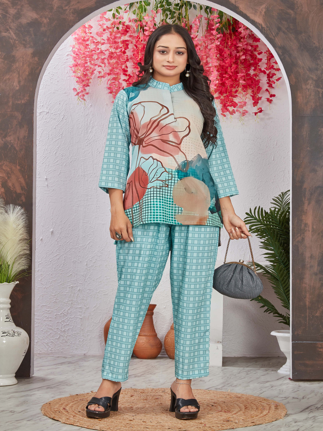 Moda Rapido Blue Printed Mandarin Collar Top and Trousers