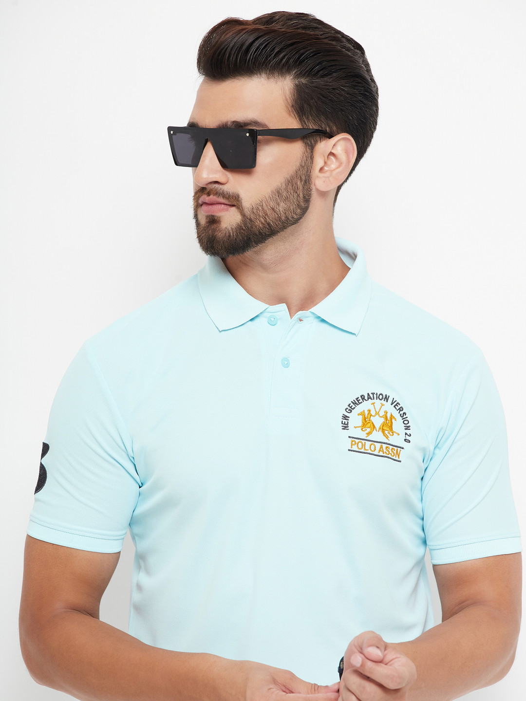 RENUOVO Men Solid Polo Collar Embroidered Cotton T-shirt