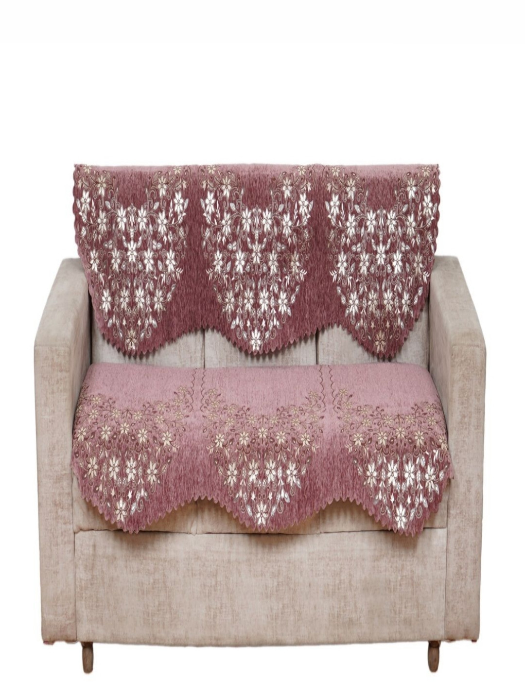 Fashion Throw Pink & White 2 Pieces Floral Three Seater Jacquard Sofa Cover With Arms