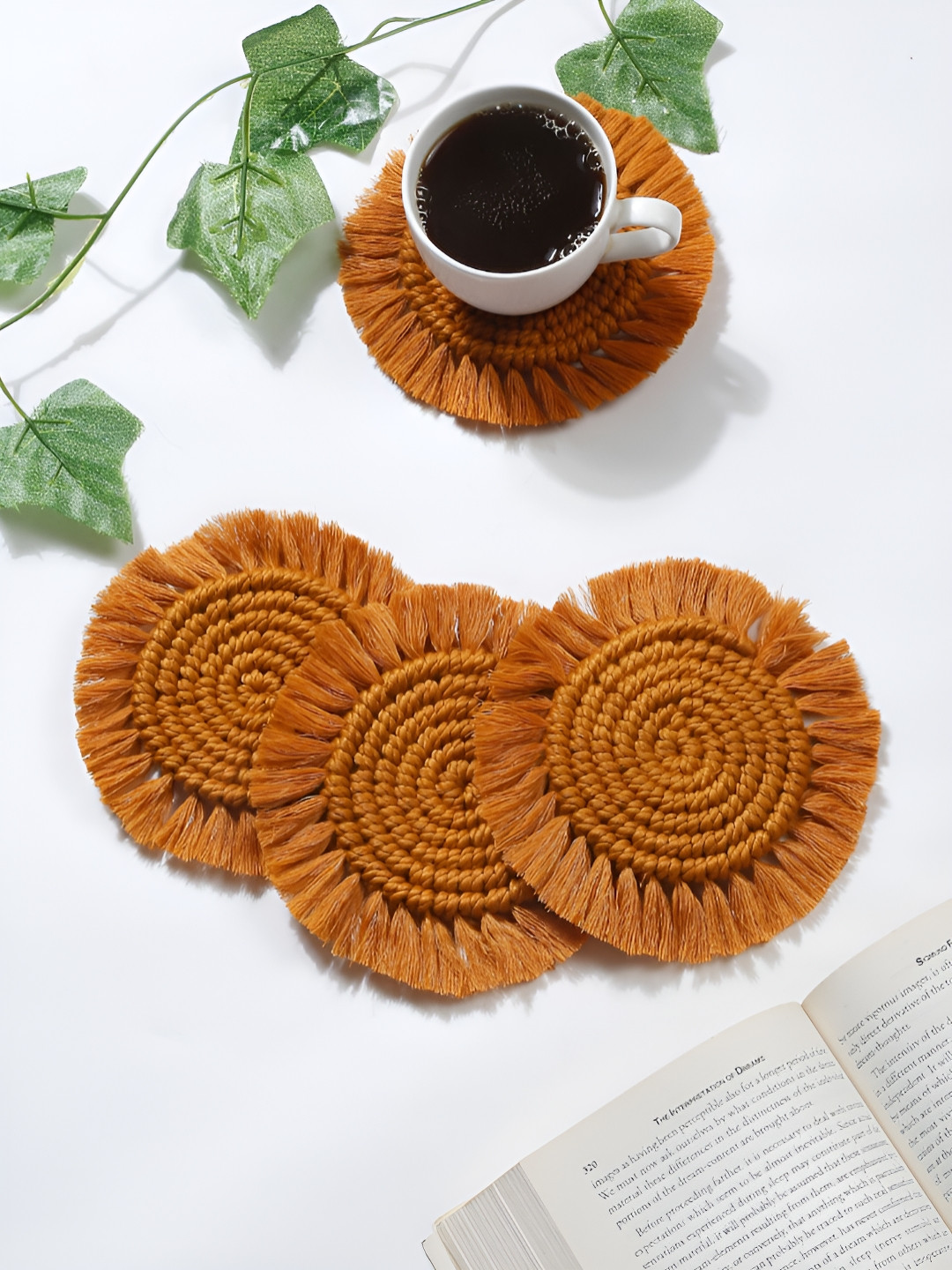 My Creative Hut Mustard Yellow 4 Pieces Textured Bohemian Macrame Coaster