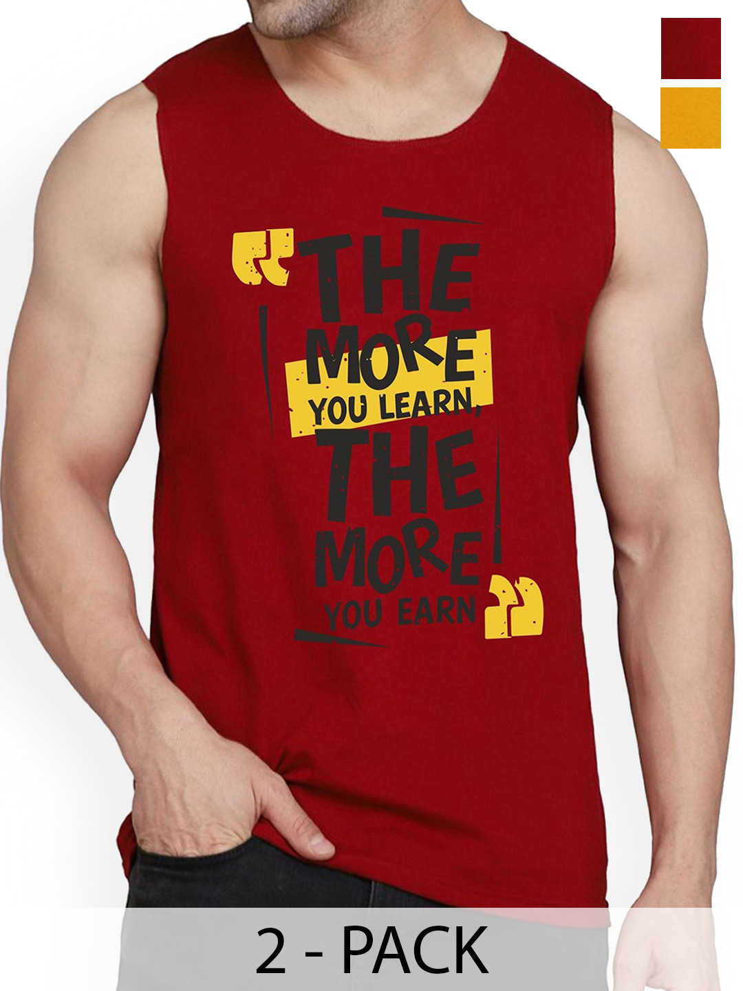 WOOSTRO Pack Of 2 Printed Cotton Gym Vests RS26 CMB (HARD MUSTARD) (MORE MAROON)