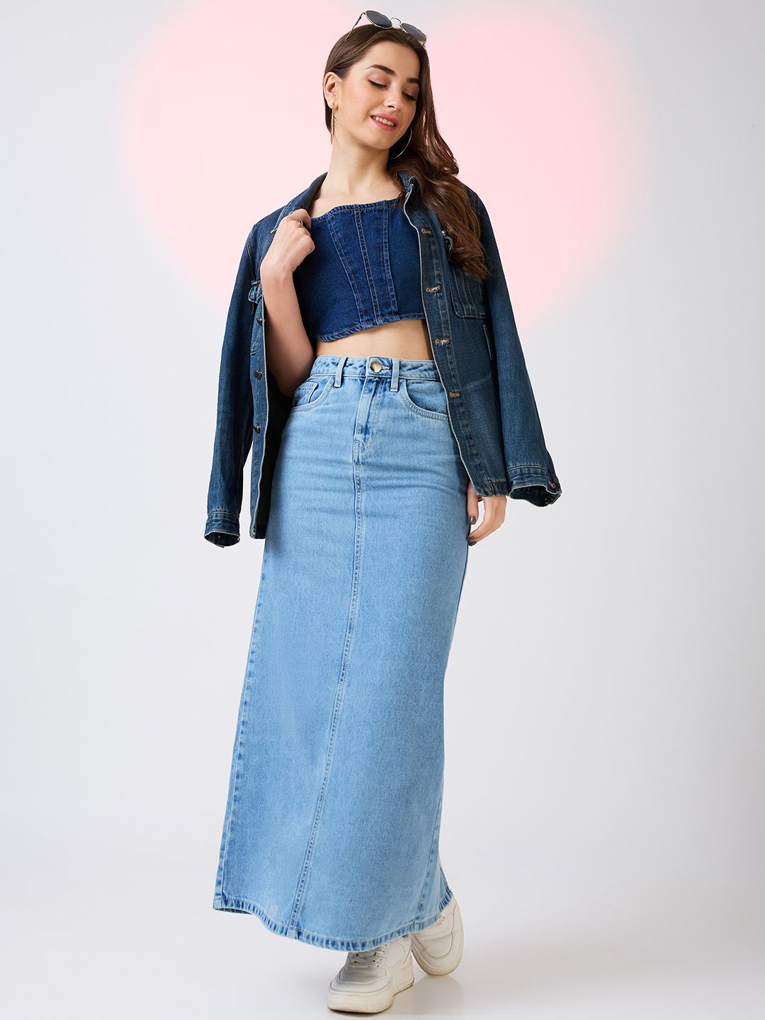 Globus Stretchable Mid Rise Back Slit Maxi Denim Pencil Skirt