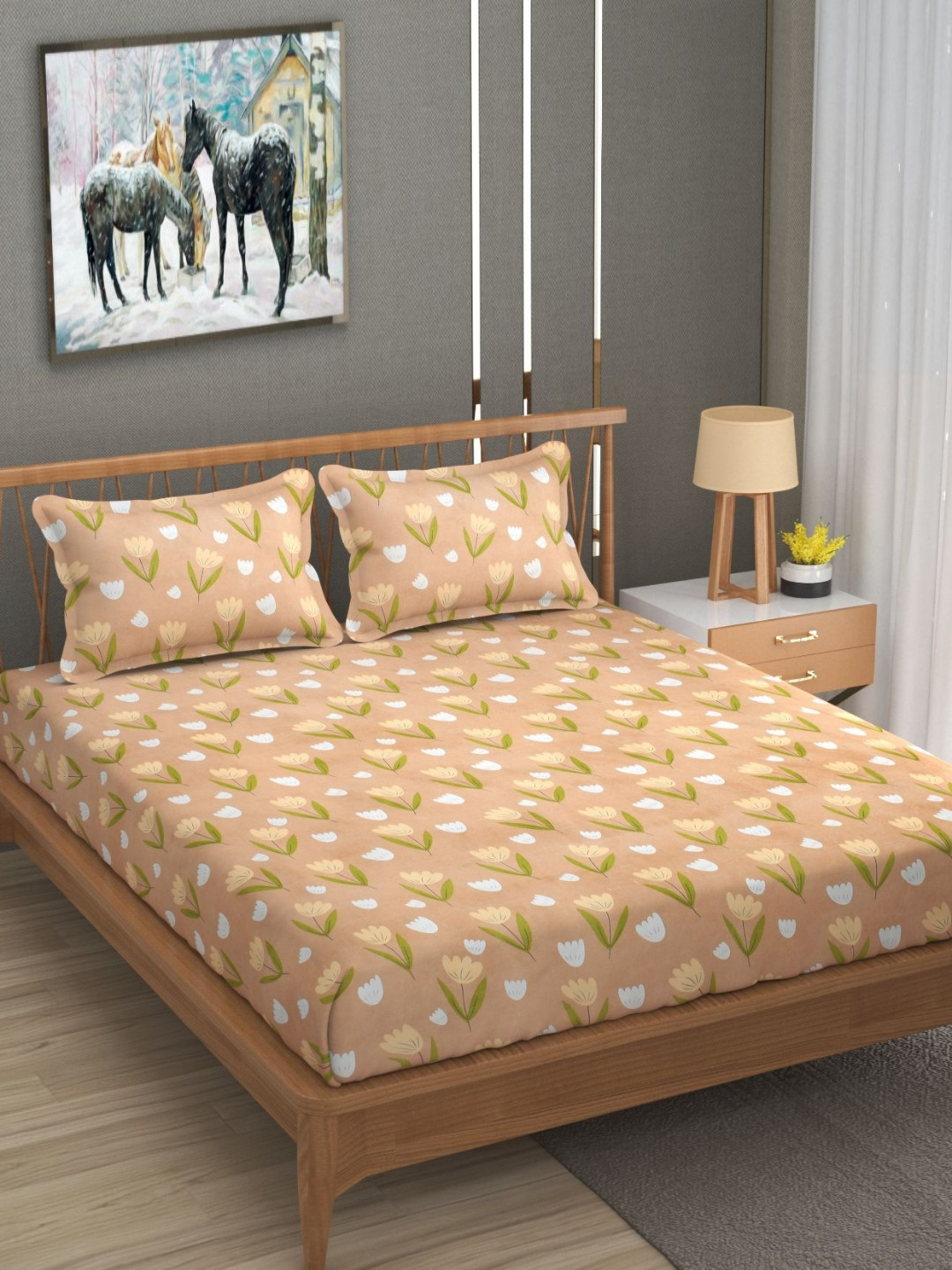 AJISH Desert Sand Peach Floral Cotton 180 TC Double Fine Bedsheet with a Pillow Cover-54 x 90 inches