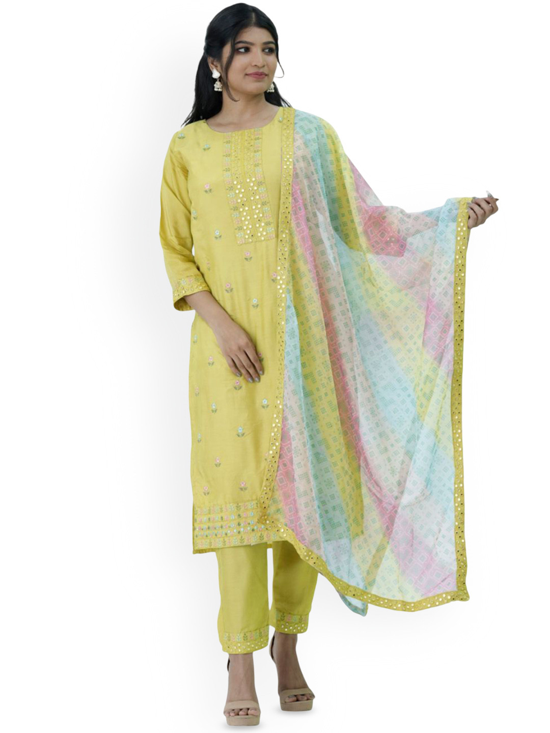 Silselah Floral Embroidered Mirror Work Pure Silk Straight Kurta With Trousers And Dupatta
