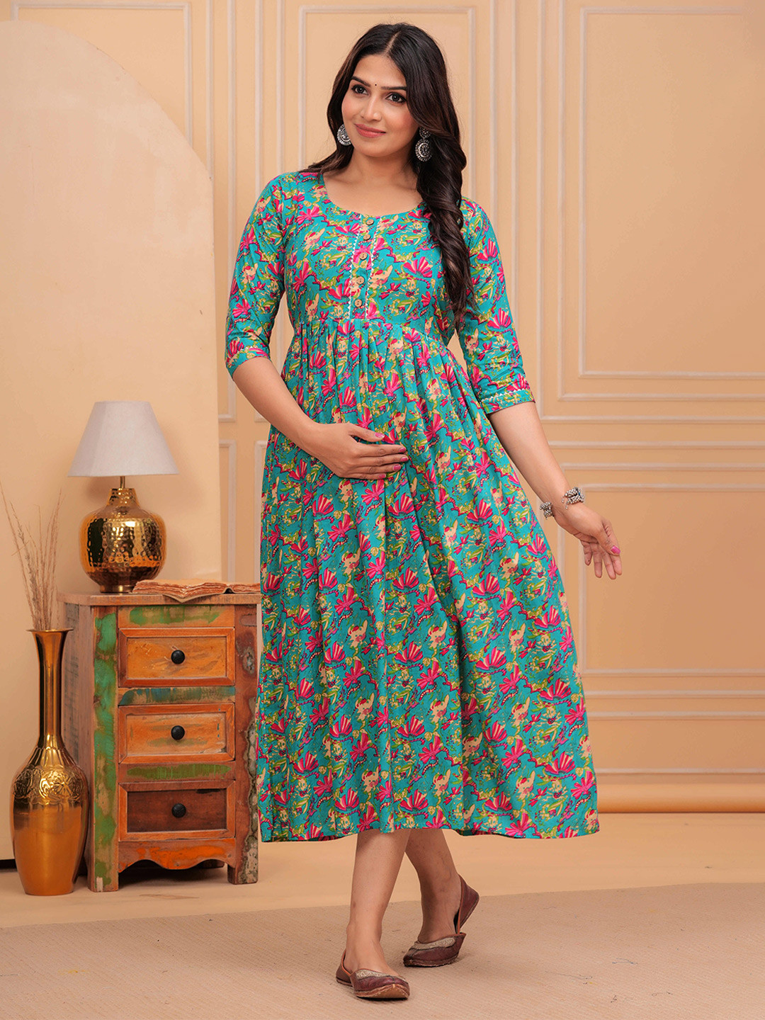 FEMARY Women Green Color Floral Printed Cotton Maternity Dress