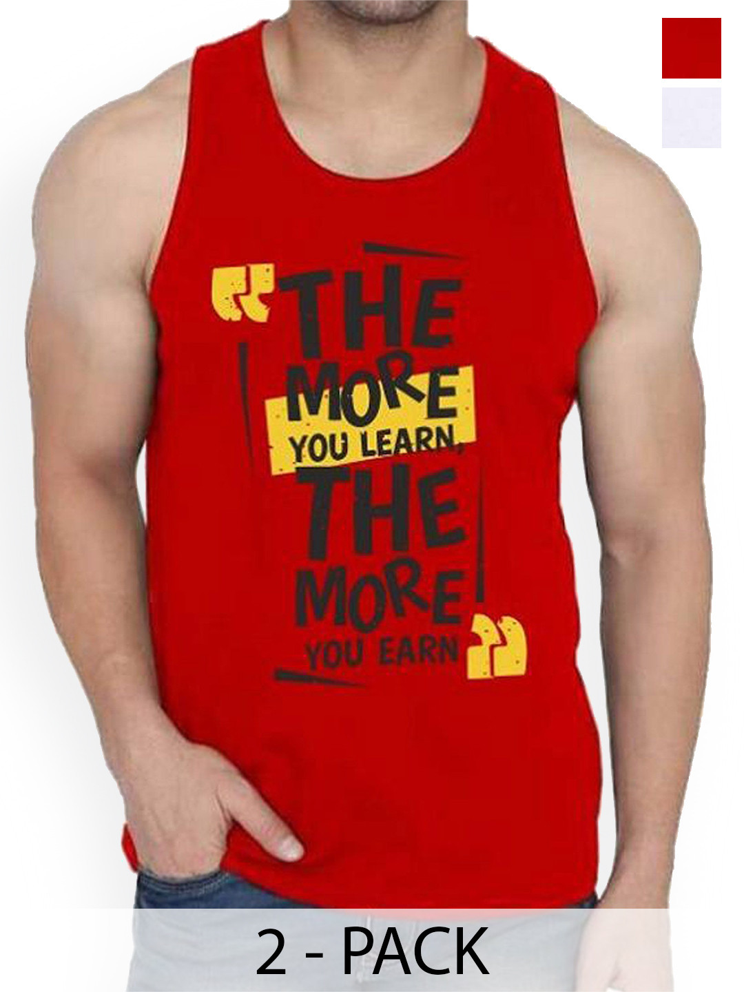 Woostro Men Pack Of 2 Printed Cotton Gym Innerwear Vests RS26 CMB (RUN WHITE) (MORE RED)