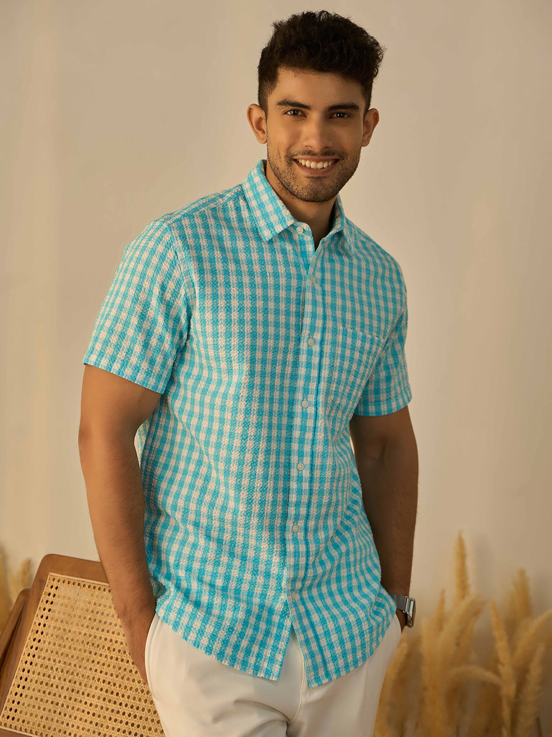 PINK SUPPLY Men Classic Fit Gingham Seersucker Spread Collar Cotton Casual Shirt