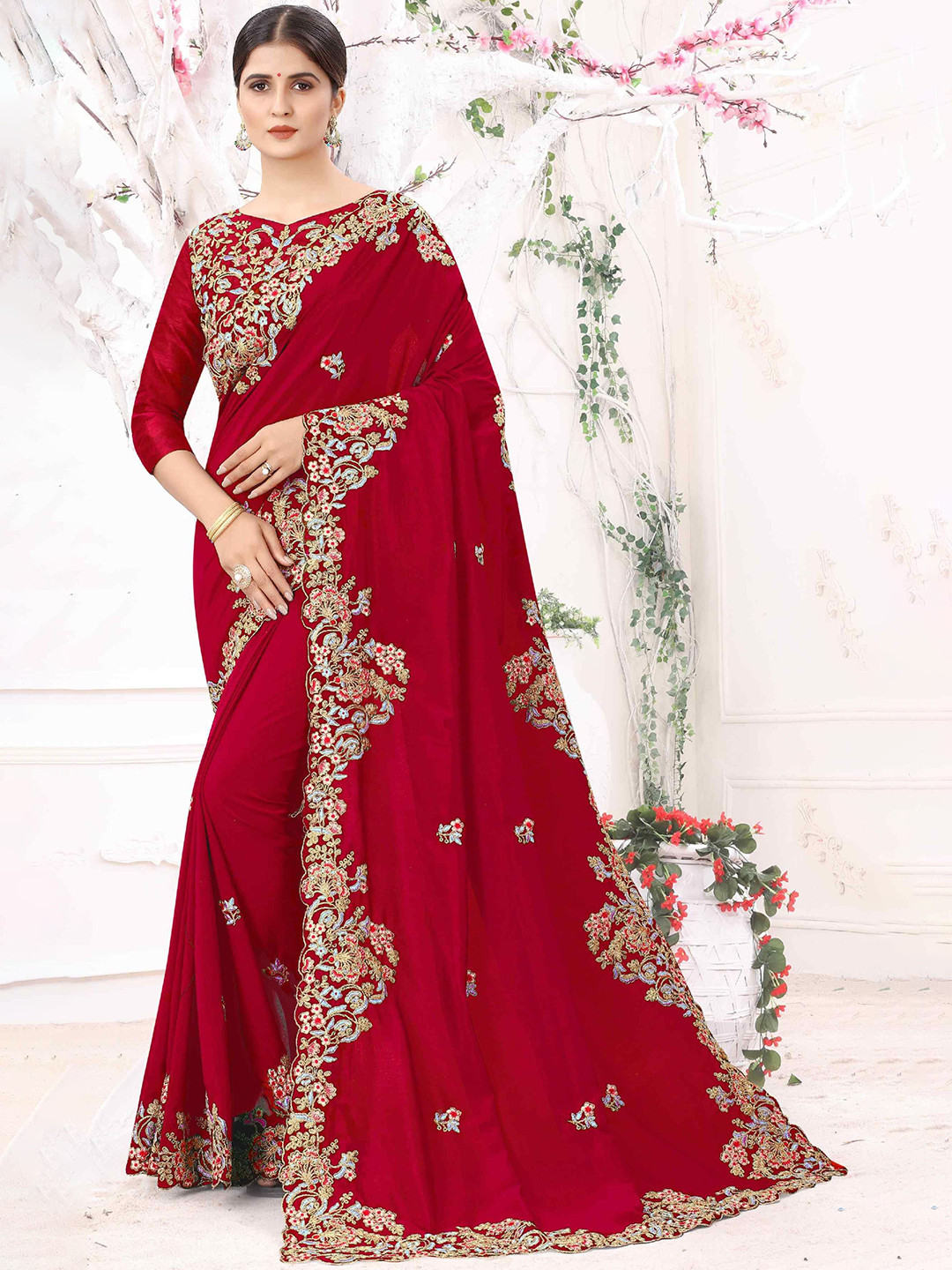 DIVINE EXIM Floral Embroidered Silk Blend Saree