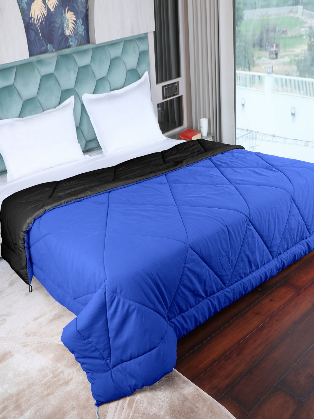 AJISH Navy Blue & Black Geometric 210 GSM AC Room Reversible Single Bed Comforter