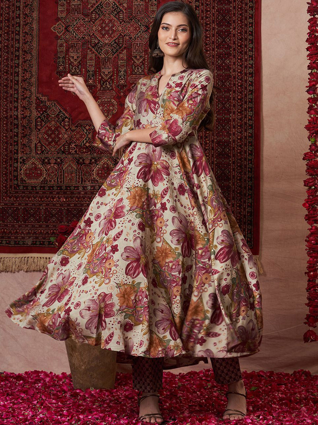 GoSriKi Vedham Floral Printed Notch Neck Anarkali Kurta With Trousers