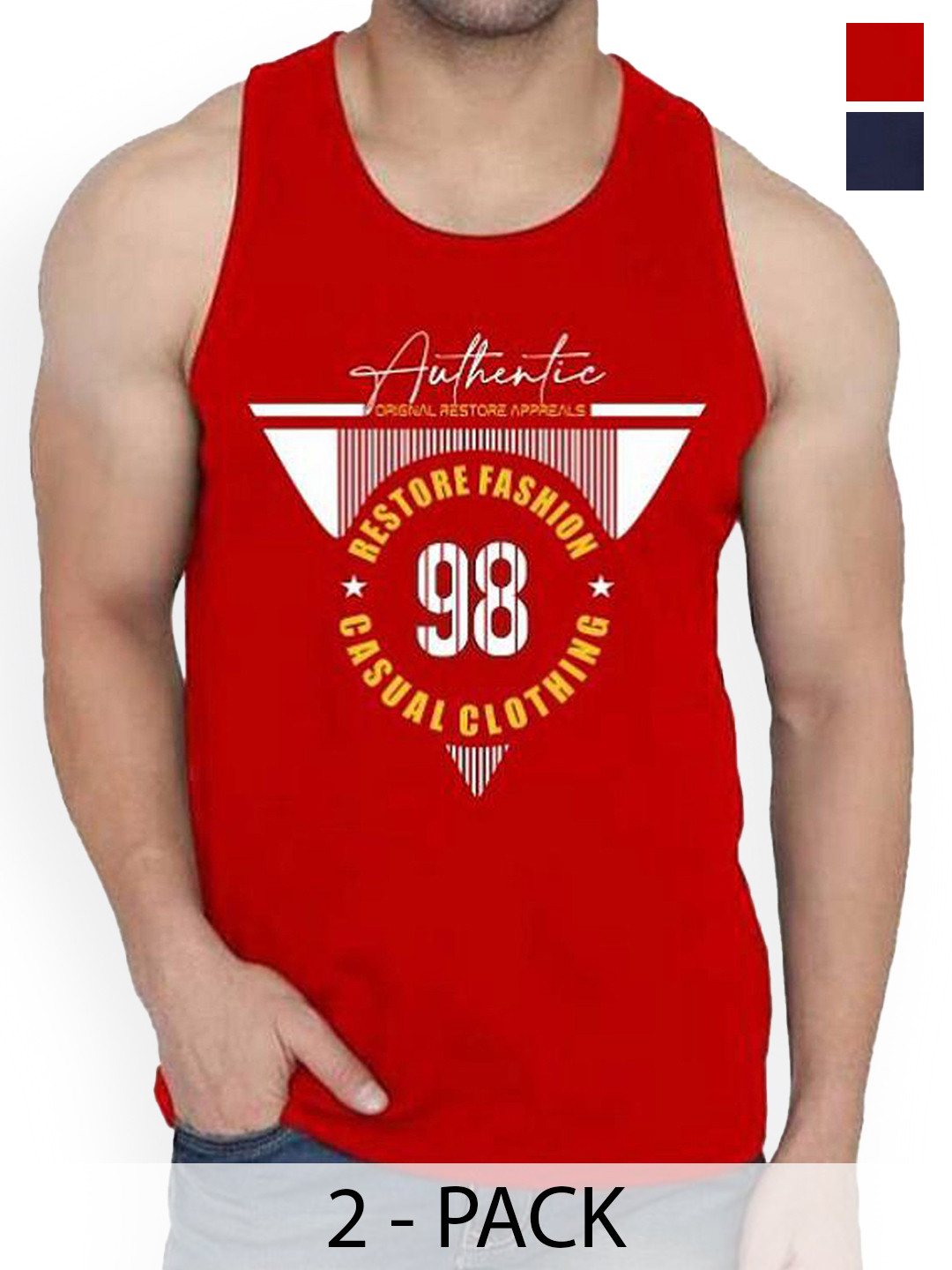 Woostro Pack Of 2 Printed Cotton Gym Innerwear Vests RS26 CMB (98 RED) (MORE NAVY)
