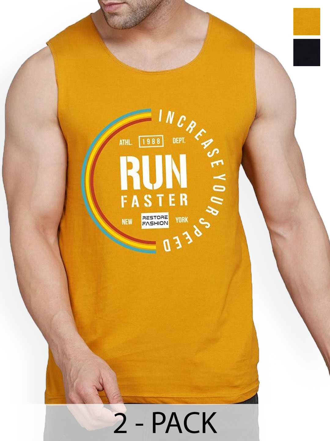 WOOSTRO Men 2Pcs Printed Cotton Innerwear Vests RS26 CMB (RUN MUSTARD) (HARD BLACK)