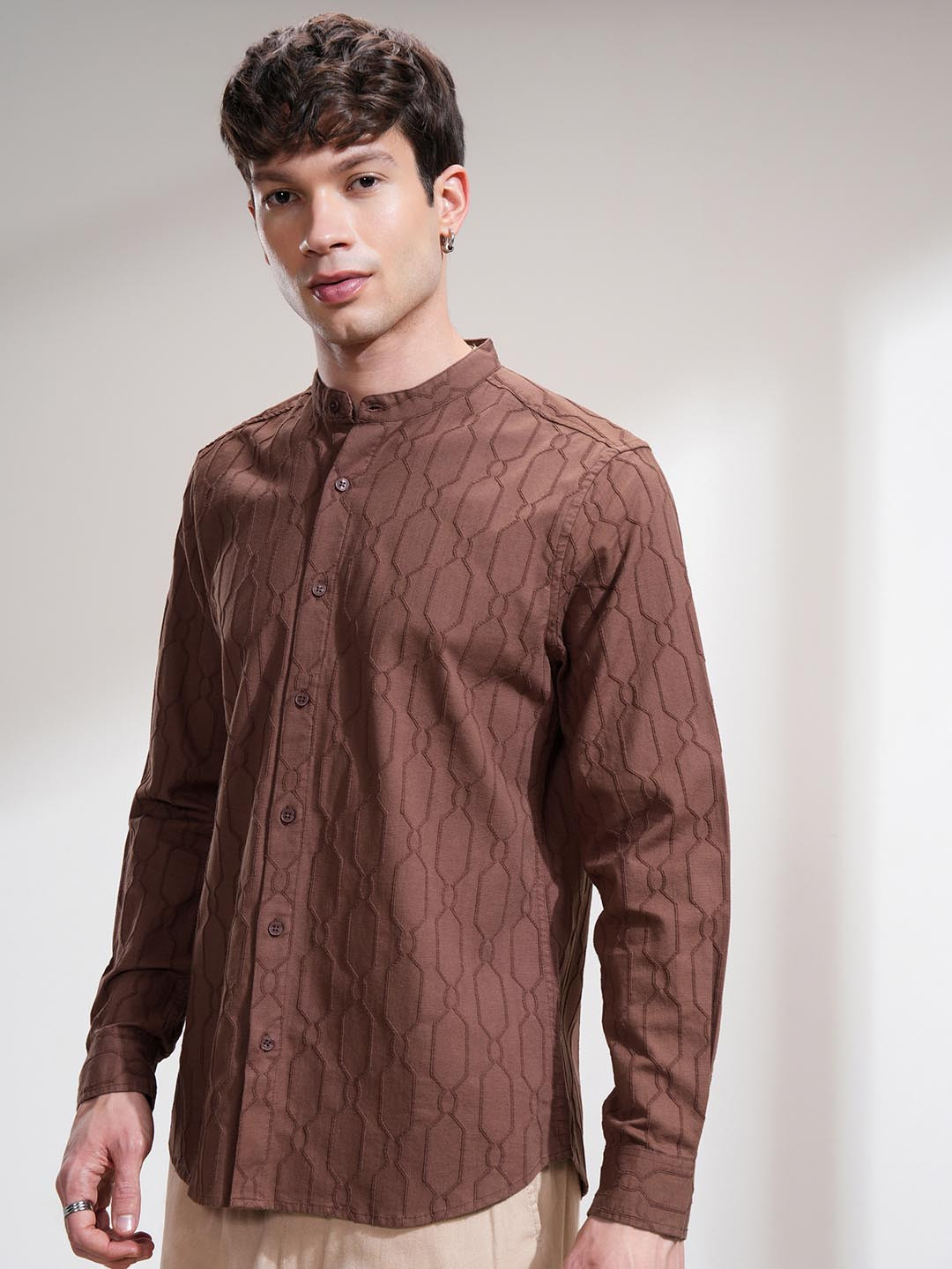 Highlander Men Rust Jacquard Textured Relaxed Shirt