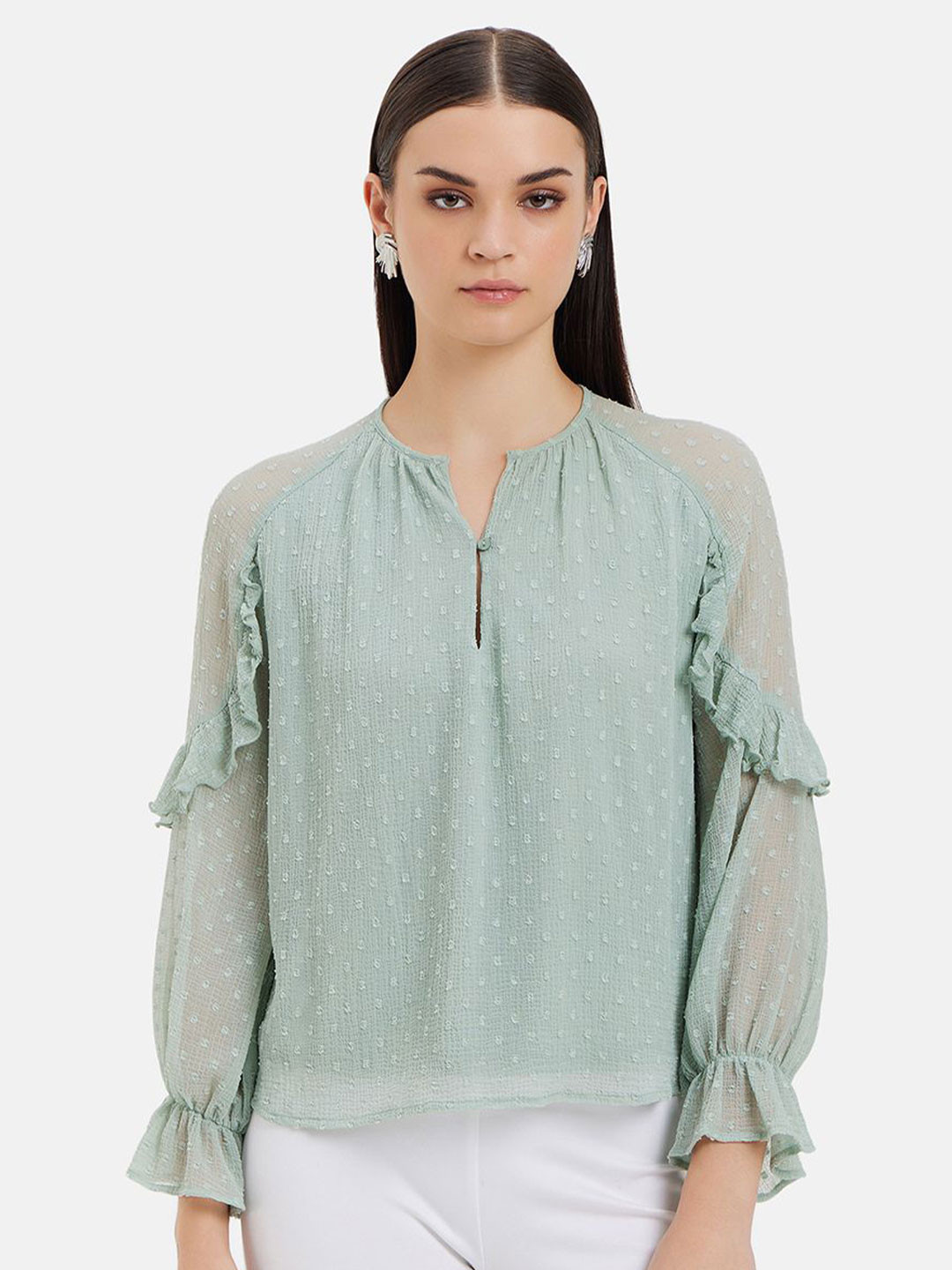 Kazo Women Rosa Ruffle Detail Raglan Sleeve Chiffon Top