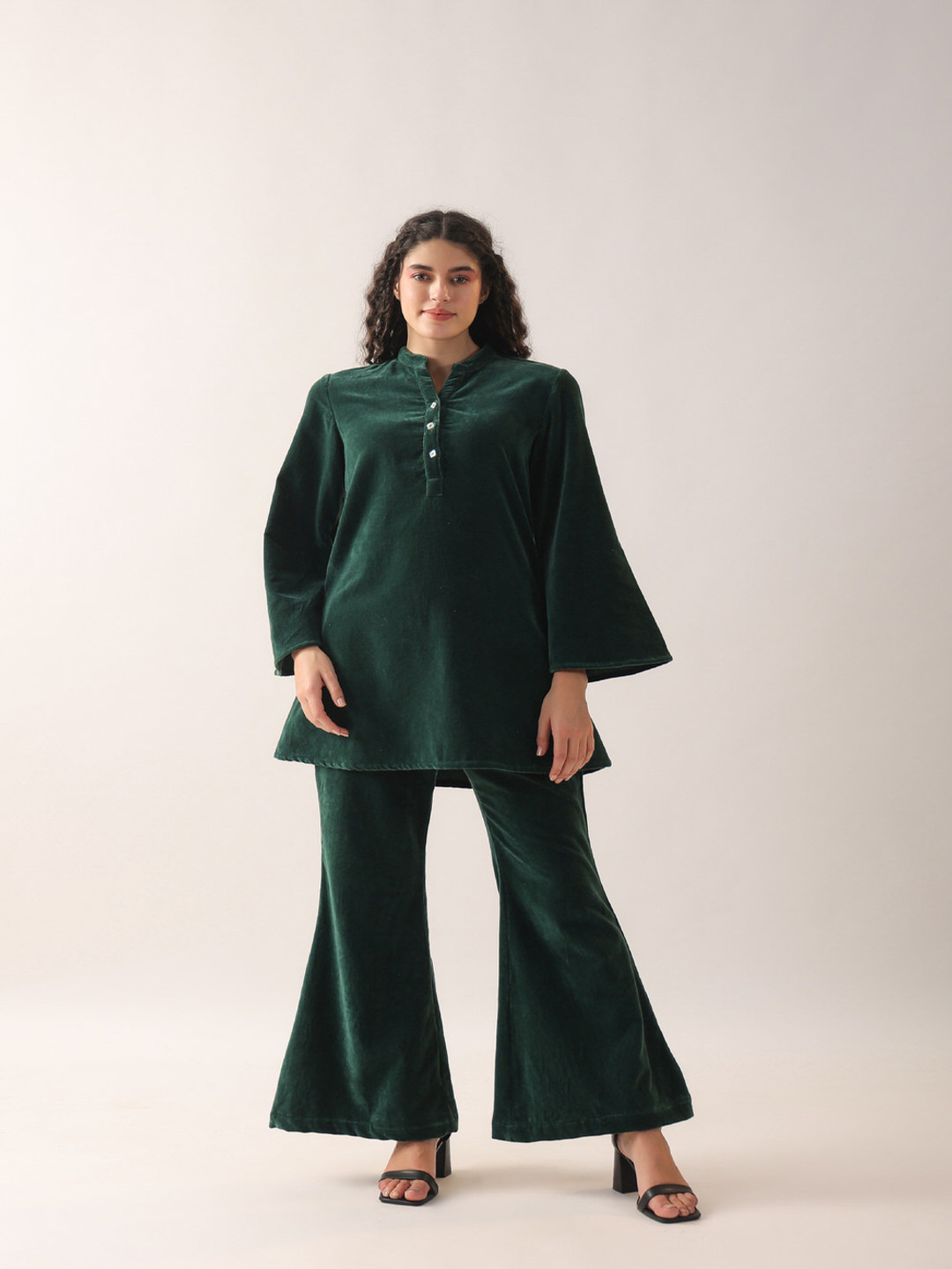 JISORA Women's Mandarin Collar Solid Pure Cotton Co-ord Set