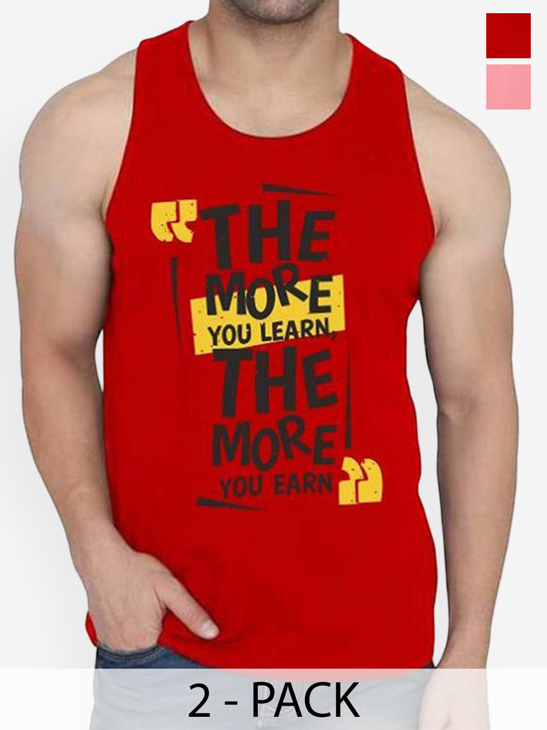 WOOSTRO Pack Of 2 Printed Cotton Gym Vests RS26 CMB (HARD PEACH) (MORE RED)