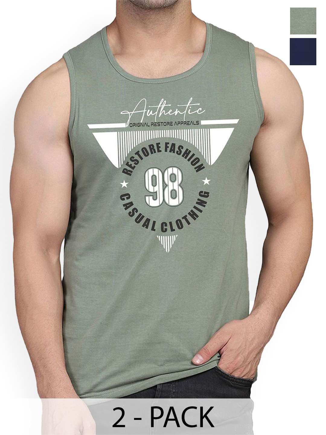 Woostro Pack Of 2 Printed Cotton Gym Innerwear Vests RS26 CMB (98 LGTGREEN) (MORE NAVY)