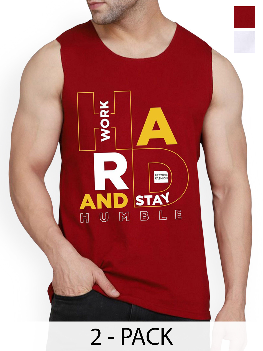 Woostro Pack Of 2 Printed Cotton Gym Vests RS26 CMB (HARD MAROON) (HARD WHITE)