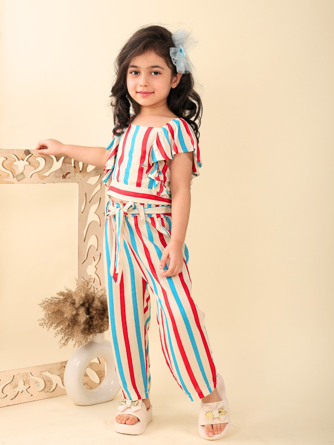 Superminis Girls Striped Ruffle Sleeves Top With Trouser Rayon Clothing Set