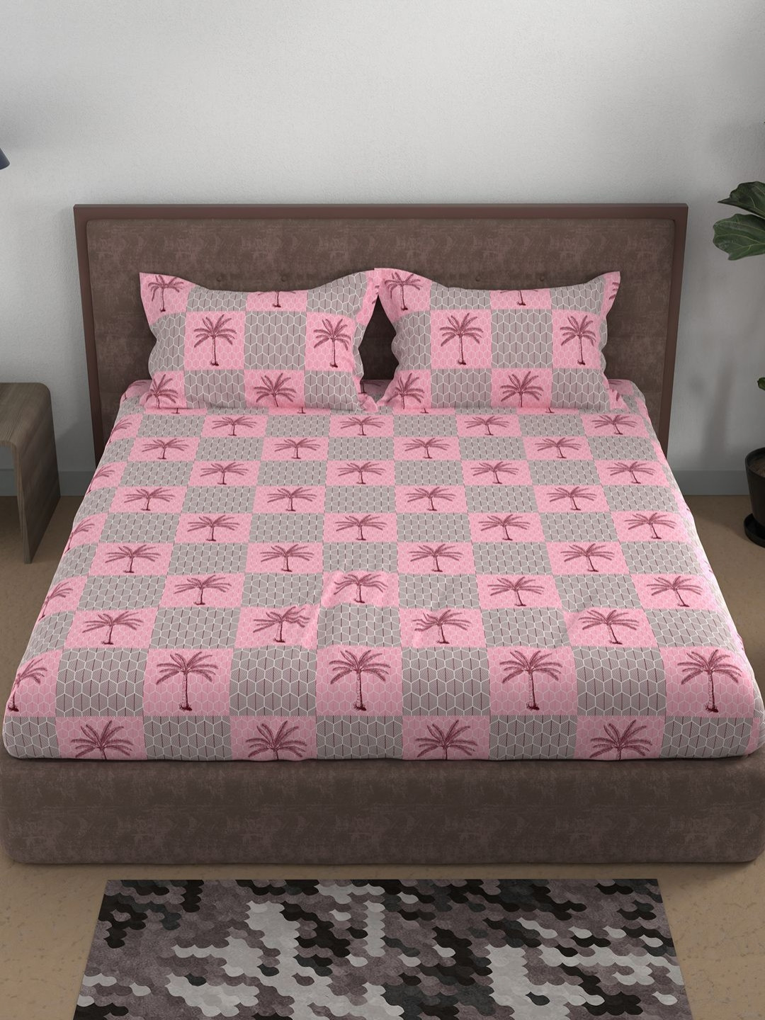 BELLA CASA Campbell Pink Floral Cotton 180 TC Queen Superfine Bedsheet with 2 Pillow Covers-243 x 223 cm