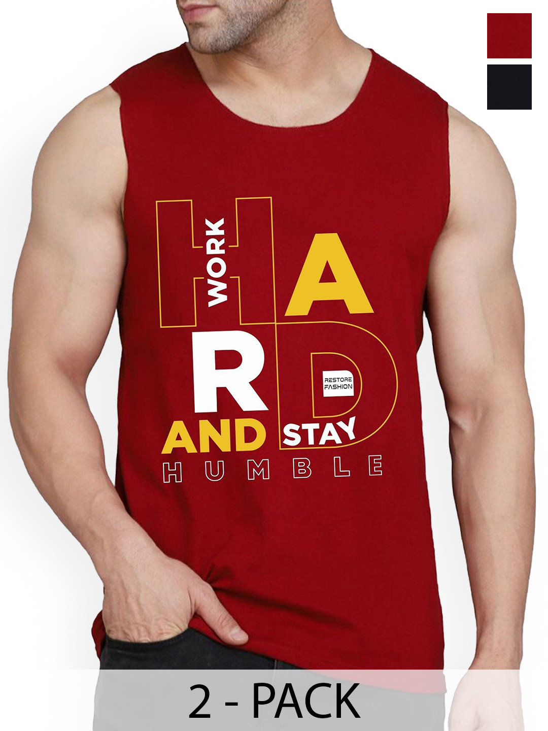 WOOSTRO 2-Pcs Printed Cotton Innerwear Vests RS26 CMB (RUN BLACK) (HARD MAROON)