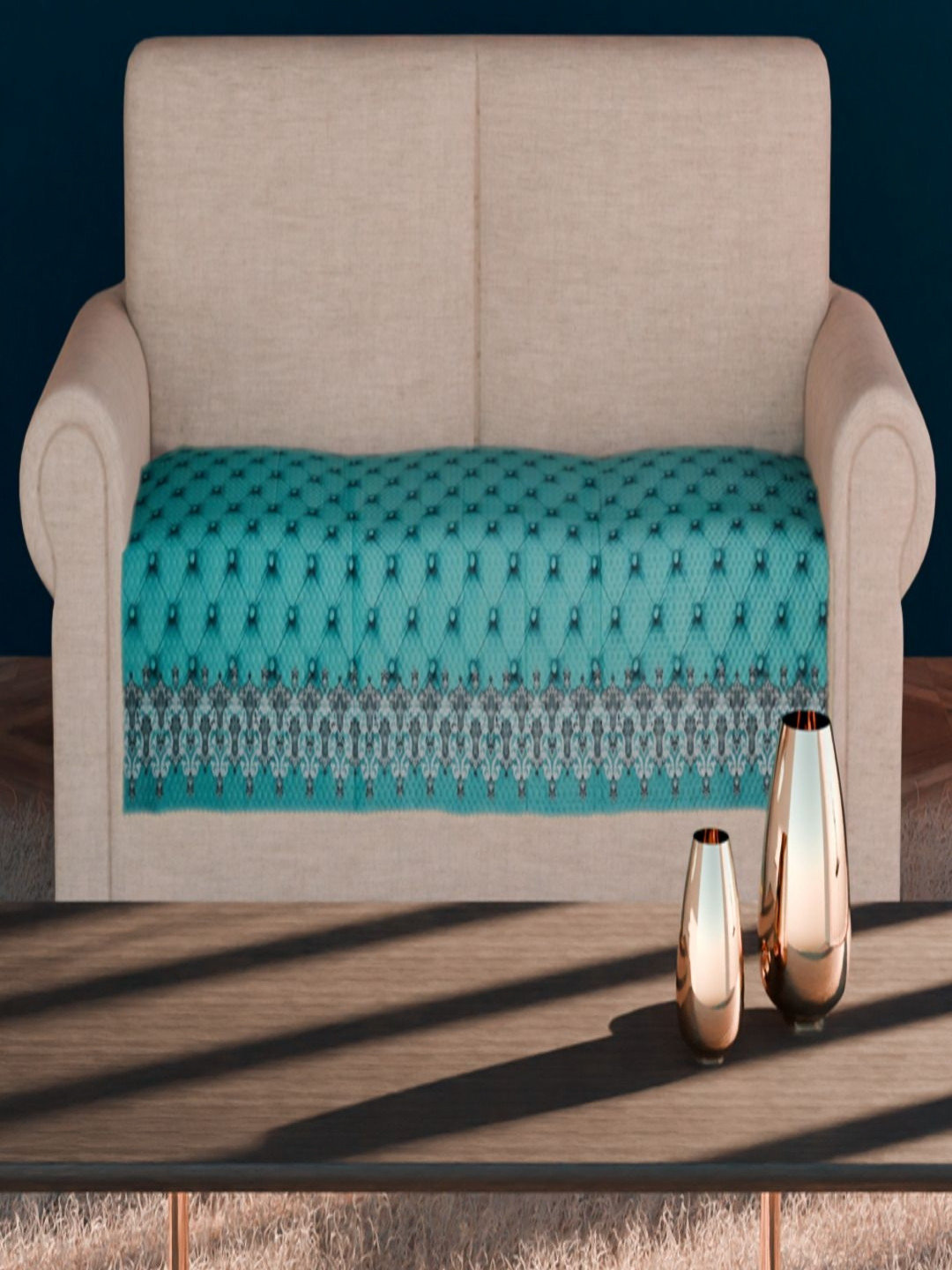 Fashion Throw Turquoise Blue & Grey Printed Velvet Sofa Cover