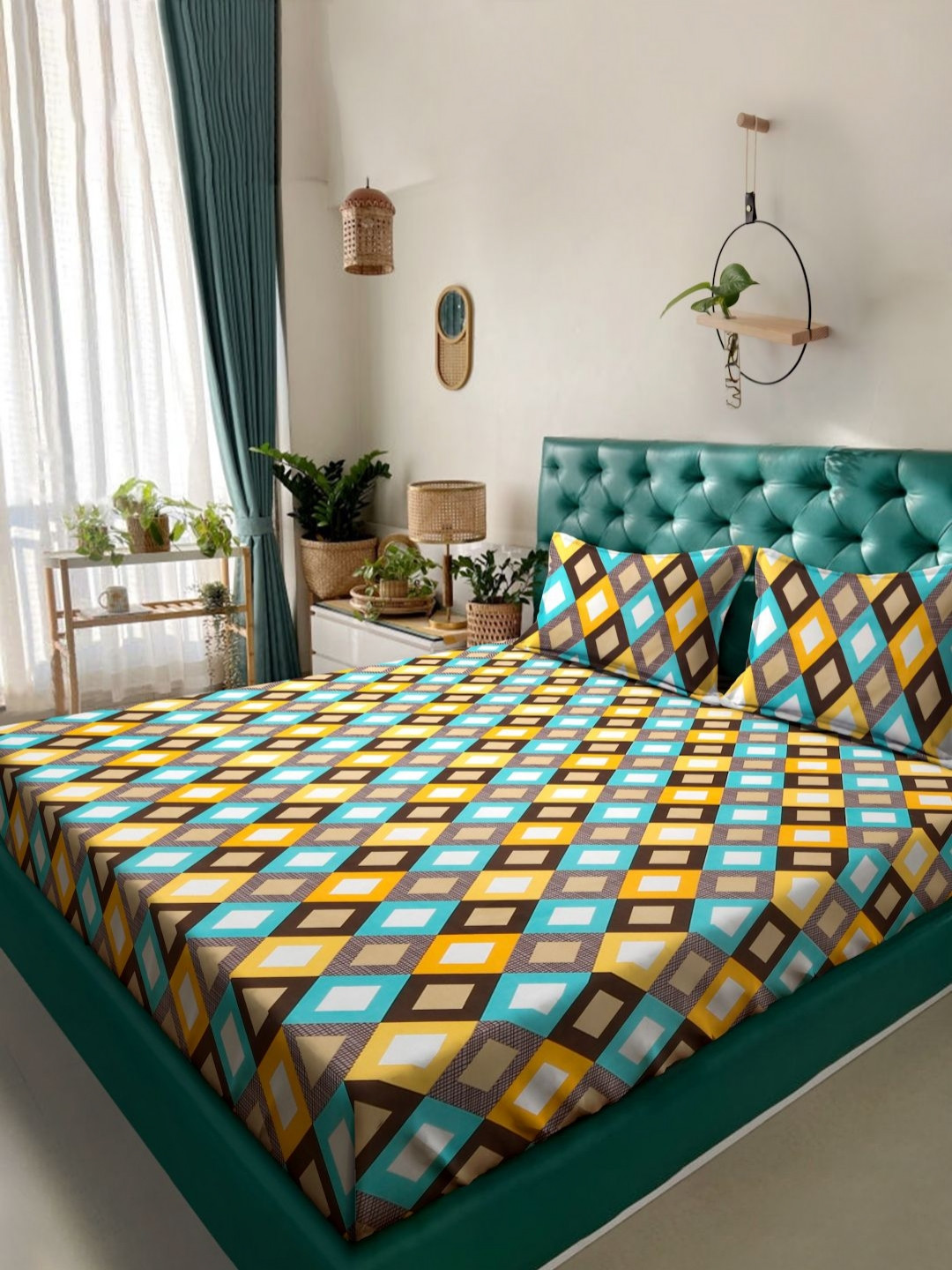 HOSTA HOMES Athom Living Blue Geometric Polycotton 300 TC Fitted King Fine Bedsheet with 2 Pillow Covers-78 x 78 inches