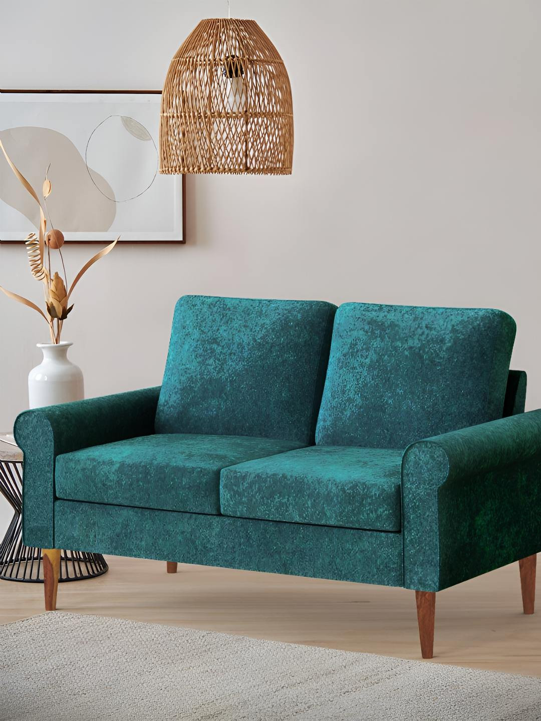 Chumbak Colonial Couch Green 2 Seater Velvet Dark Green