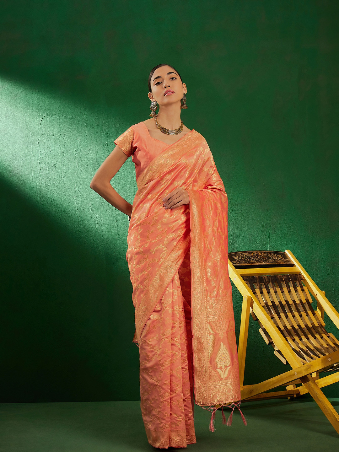 DEVATITHI Light Peach Banarasi Silk Saree
