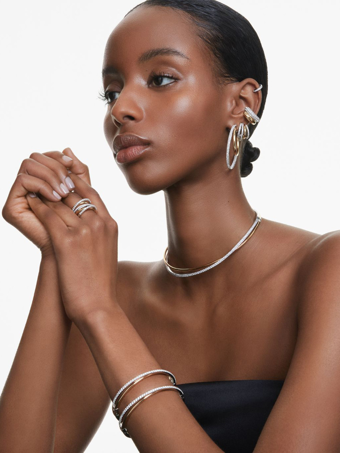 SWAROVSKI HYPERBOLA Rhodium-Plated Cubic Zirconia Stones Studded Three Band Finger Ring