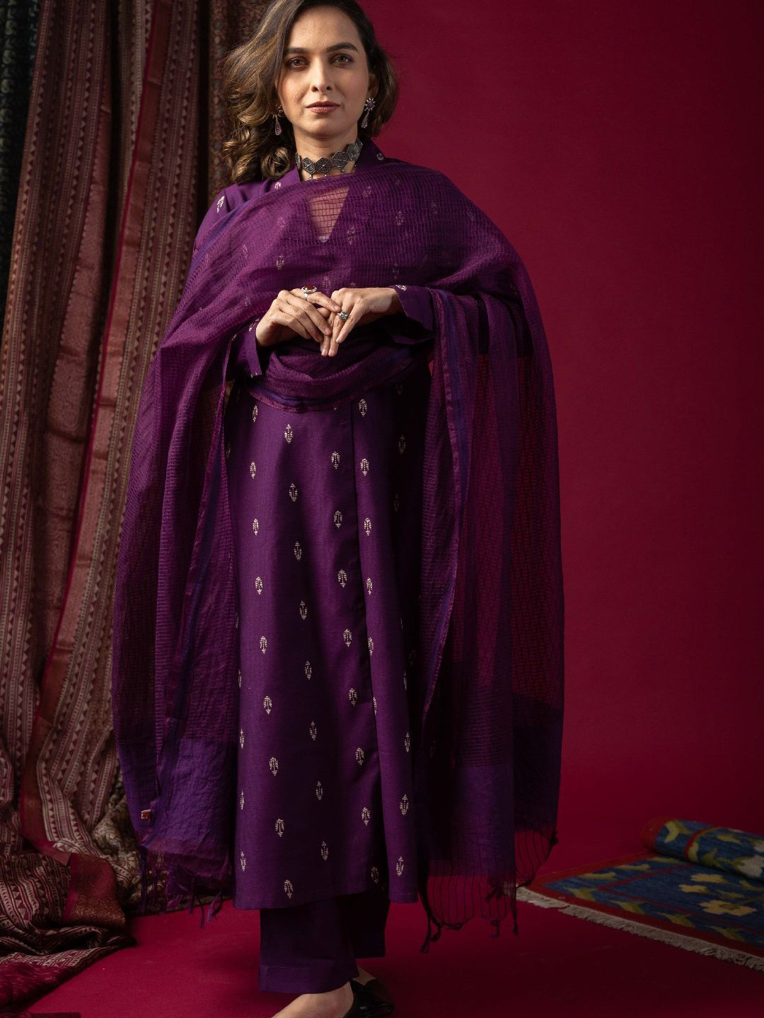 KUSVAA Avani Geometric Woven Design Shirt Collar Cotton Silk A-Line Kurta