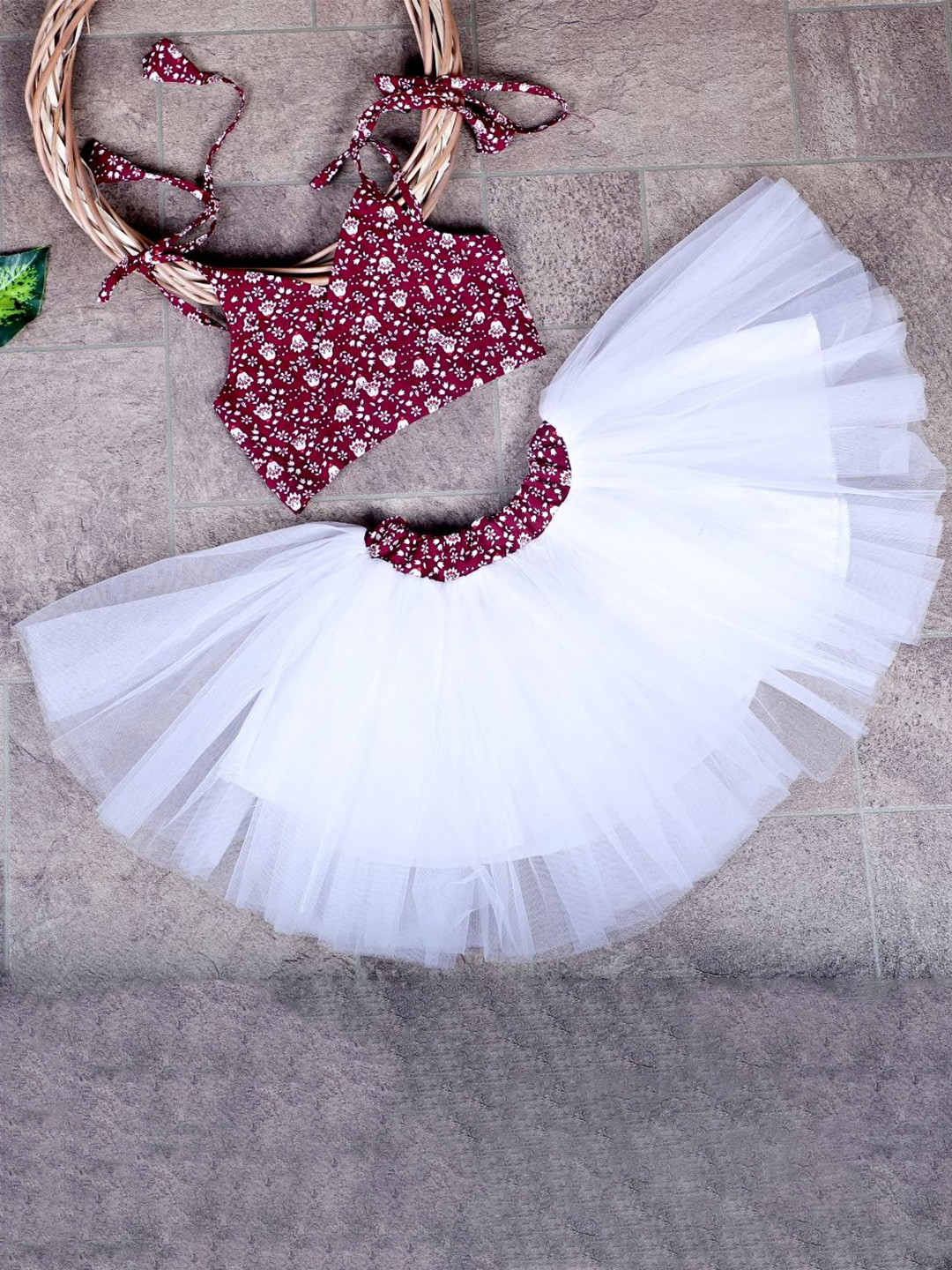 Anneca Girls Strapy Shoulder Floral Printed Crop Top & Nylon Net Knee-Length Skirt Set