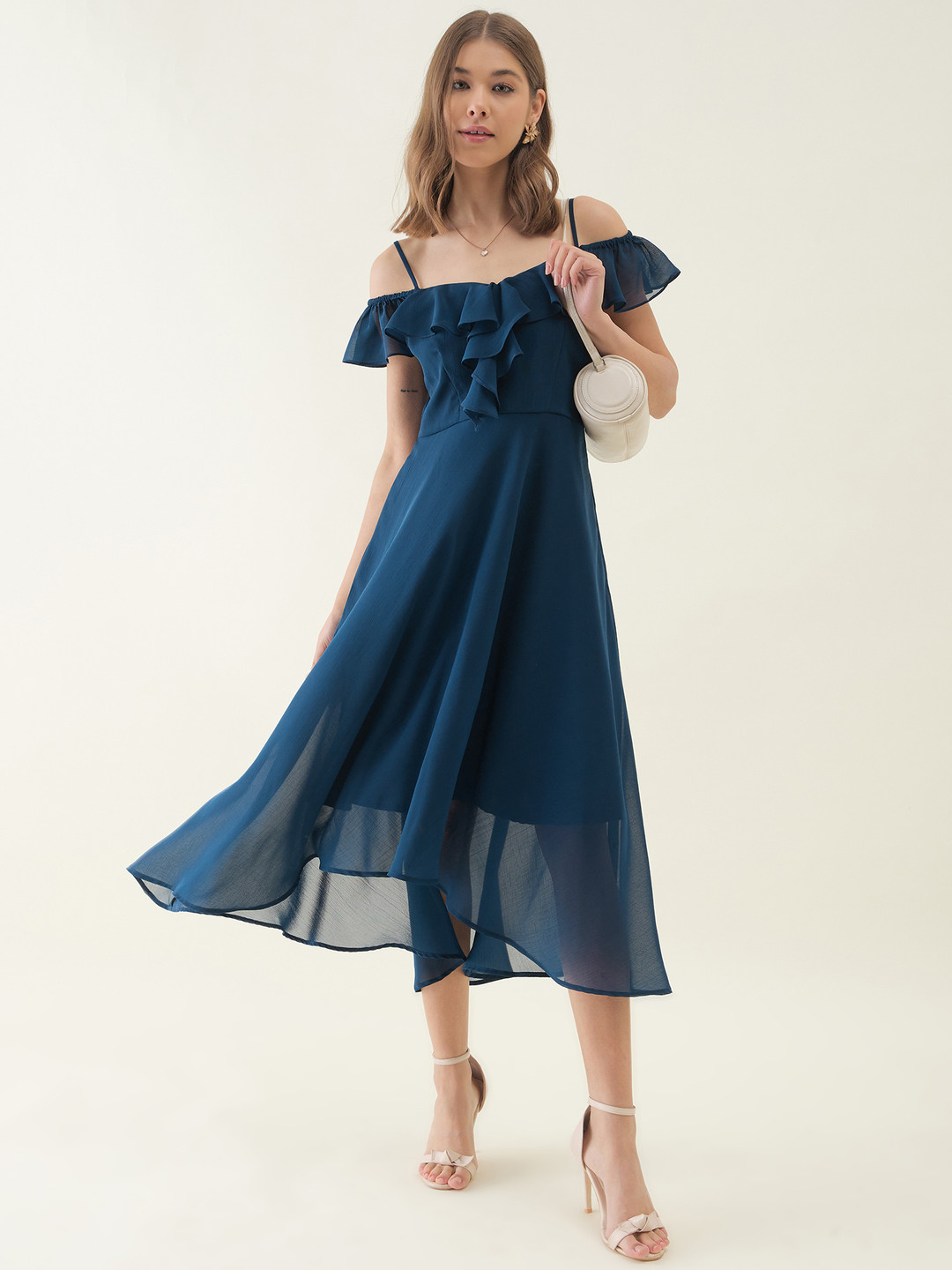 OCTICS Women Shoulder Straps Chiffon Fit & Flare Maxi Dress with Ruffles Details