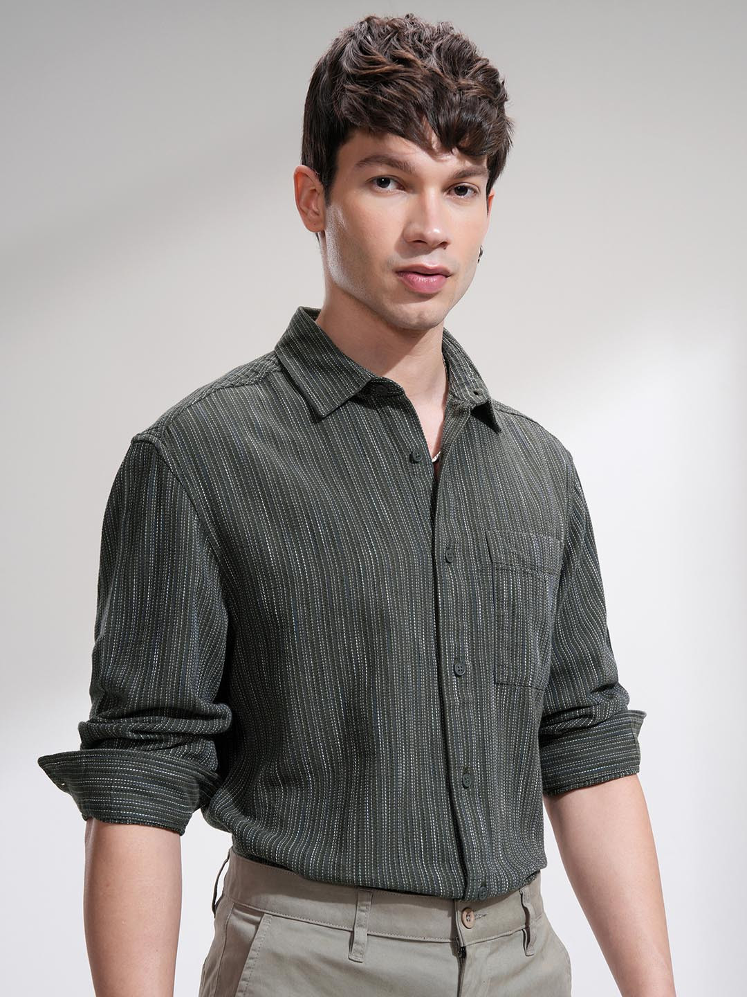 HIGHLANDER Men Relaxed Fit Spread Collar Textured Cotton Casual Shirt