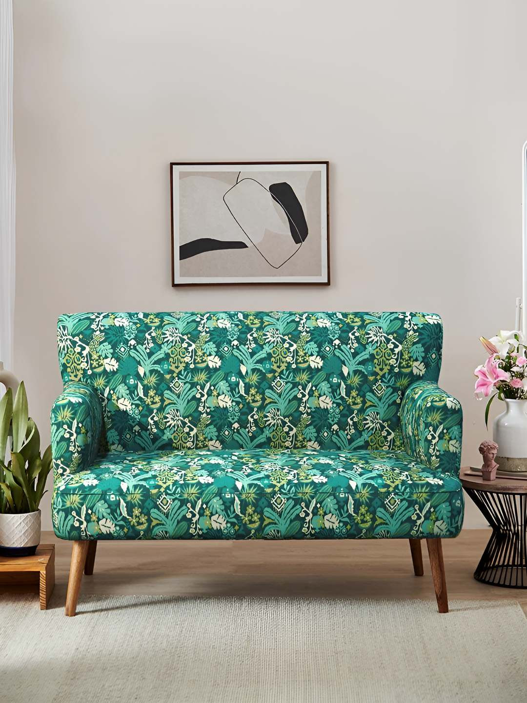 Chumbak Green & White Jodhpur Love Seat - Tropical Ikkat 2 Seater Inflatable Sofa & Bed