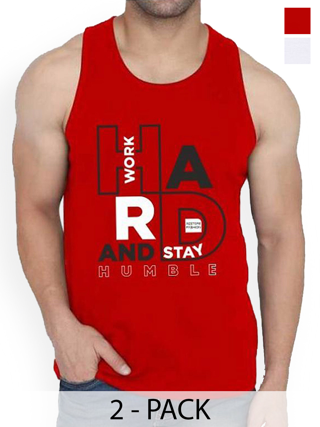 Woostro Men Pack Of 2 Printed Cotton Gym Innerwear Vests RS26 CMB (RUN WHITE) (HARD RED)